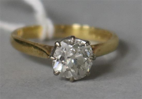 A diamond solitaire ring, the old cut stone approx 0.75ct, on 18ct gold shank, size K.